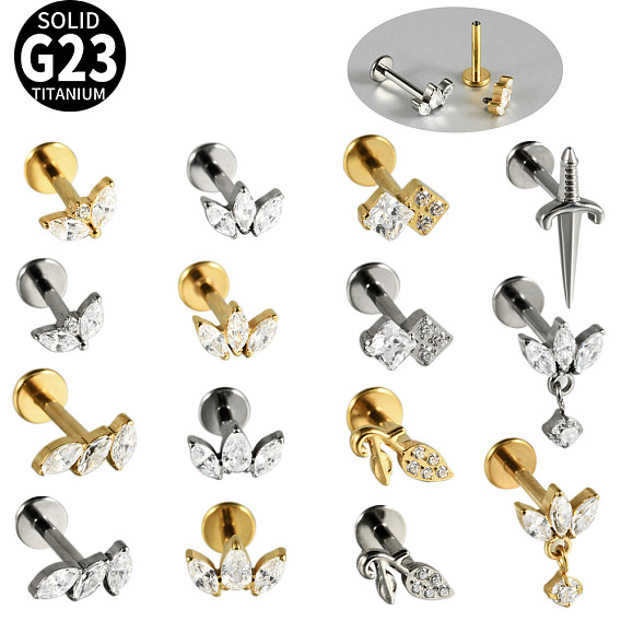 G23 титановые микропаве кубические циркониевые серьги для хряща, лабреты с внутренней резьбой, козелок шпилька, плоская серьга сзади, лист
