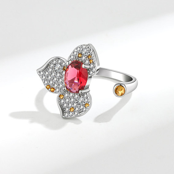 Цветочные латунные микропаве прозрачные кубические цирконии регулируемые манжеты кольца для женщин, платина