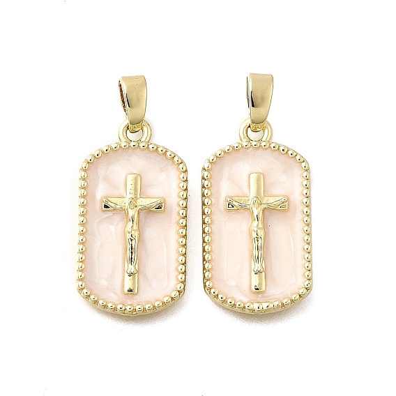 Brass Enamel Pendants, Real 18K Gold Plated, Rectangle with Cross Charms