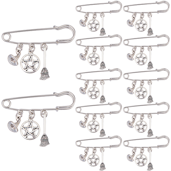 12 шт. броши-подвески в виде шляпы ведьмы и метлы, стальные прочные английские булавки броши