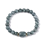 Natural Myanmar Jade Round and Carved Barrel Beaded Stretch Bracelets, with Golden Brass Findings, Golden