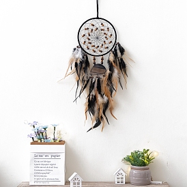 Iron Woven Web/Net with Feather Hanging Ornaments, Wood Beads and Natural Agate Slices Charms for Home Living Room Bedroom Wall Decorations