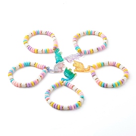 Handmade Polymer Clay Beads Stretch Bracelets for Kid, with Acrylic Pendants, Dinosaur