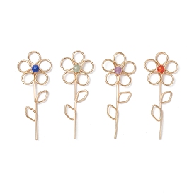 4Pcs 4 Styles Natural Red Agate & Lapis Lazuli & Amethyst & Green Aventurine Faceted Round Bead Copper Wire Wrapped Flower Pendants, Golden