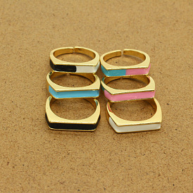 Retro Colorful Oil Drop Square Ring with Personality Metal Open-ended Band Jewelry