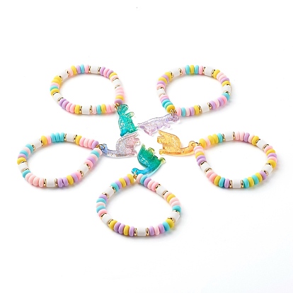 Handmade Polymer Clay Beads Stretch Bracelets for Kid, with Acrylic Pendants, Dinosaur