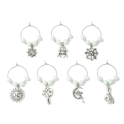 Tibetan Style Alloy Wine Glass Charms Sets, with Brass Hoop Earrings Findings and Glass Imitation Jade Beads, Mixed Shapes