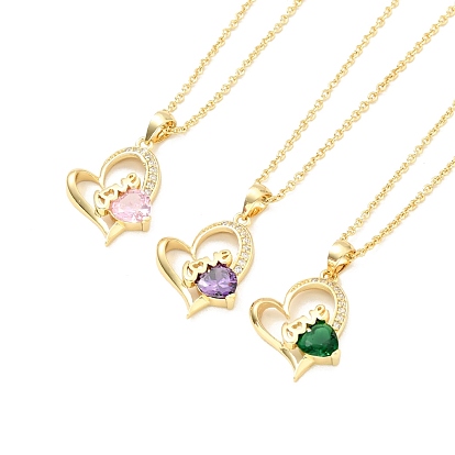Cubic Zirconia Heart with Word Love Pendant Necklace, Gold Plated Brass Jewelry for Women