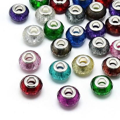 Resin European Beads, Large Hole Beads, with Silver Color Plated Brass Cores, Faceted, Rondelle, Large Hole Beads