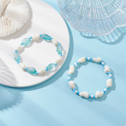 2шт. 2 стили набор тянущихся браслетов из натуральных ракушек, стекла и стеклянных бусин, рыба в форме ракушки