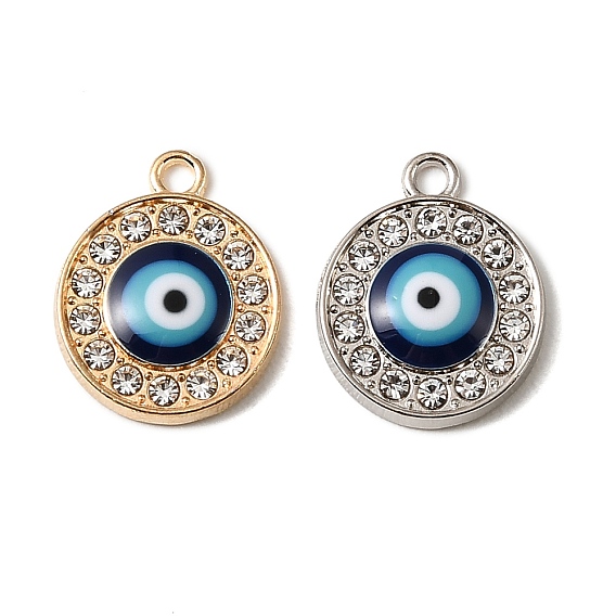 Alloy Rhinestone Pendants, Round with Evil Eye Charms, With Enamel