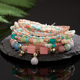 Bracelet bohème multicouche en perles de riz, serti de bracelets créatifs en perles à cordes élastiques turquoise