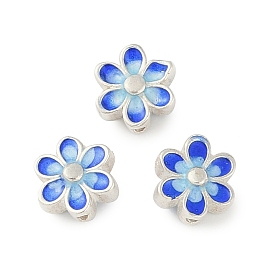 Rhodium Plated 925 Sterling Silver Enamel Beads, Flower, Royal Blue