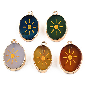 Natural Agate Pendants, with Light Gold Plated Brass Edge & Iorn Loops, Gold Powder, Dyed & Heated, Oval with Sun Charm