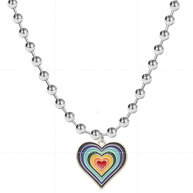 Rainbow Color Pride Flag Enamel Heart Pendant Necklace with Alloy Ball Chains for Women