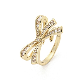 Brass Micro Pave Cubic Zirconia Cuff Rings, Bowknot Open Rings for Women, Long-Lasting Plated