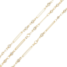 Handmade Brass Cable Chains, with Clear Cubic Zirconia Charms, Soldered, with Spool, Long-Lasting Plated, Round & Rectangle