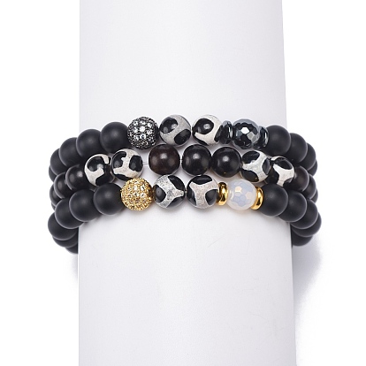 3Pcs 3 Style Natural Wood & Mixed Gemstone Stretch Bracelets Set, Clear  Cubic Zirconia Beaded Stackable Bracelets for Women