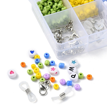 DIY Glasses Chains Making Kits, 600Pcs Flat Round & Round Glass Seed & Acrylic Beads, Zinc Alloy Lobster Claw Clasps, Silicone EyeGlass Holders, Iron Findings, Elastic Crystal Thread