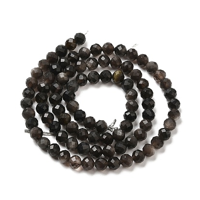 Natural Silver Sheen Obsidian Beads Strands, Round, Faceted
