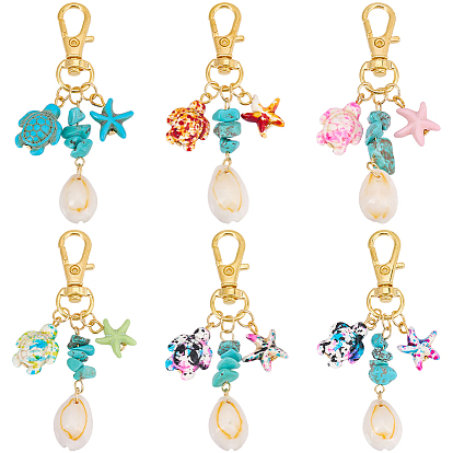 6 шт. подвески в виде черепахи из искусственной бирюзы, с поворотными застежками-карабинами из сплава и бусинами из натуральных ракушек каури