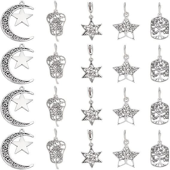 50Pcs 5 Style Tibetan Style Alloy Pendants, Mix-shaped