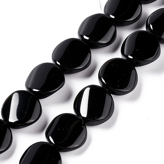 Natural Black Stone Beads Strands, Twist Flat Round
