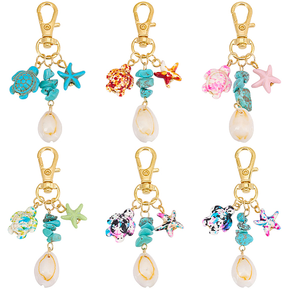 6 шт. подвески в виде черепахи из искусственной бирюзы, с поворотными застежками-карабинами из сплава и бусинами из натуральных ракушек каури