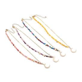 Brass Pendant Necklaces, with Dyed Natural Agate Beads and 304 Stainless Steel Lobster Claw Clasps, Moon, Golden