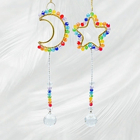 Wire Wrapped Glass Beads & Metal Moon/Star Hanging Ornaments, Round Tassel Suncatchers for Home Garden Outdoor Decoration