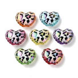 UV Plating Printed Opaque Acrylic European Beads, Large Hole Beads, Iridescent, Leopard Print Heart