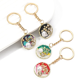 Alloy Rhinestone Keychains, Enamel Style, Bag Purse Decorations, Flat Round