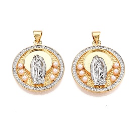 Латунные микро-паве кубические цирконии с подвесками из искусственного жемчуга ABS, без кадмия и без свинца, плоские круглые медальоны с гваделупской амулетой