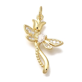 Rack Plating Brass Micro Pave Cubic Zirconia Pendants, Cadmium Free & Lead Free, Long-Lasting Plated, Dragonfly with Rose