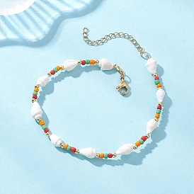 304 браслеты на лодыжку из натуральных ракушек и стеклянных бусин и нержавеющей стали для женщин, золотые