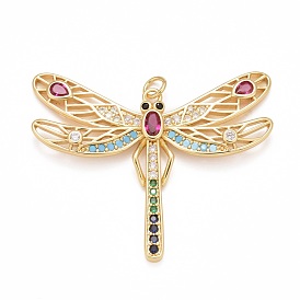 Rack Plating Brass Colorful Cubic Zirconia Pendants, Cadmium Free & Nickel Free & Lead Free, Long-Lasting Plated, Autumn Charms, Dragonfly