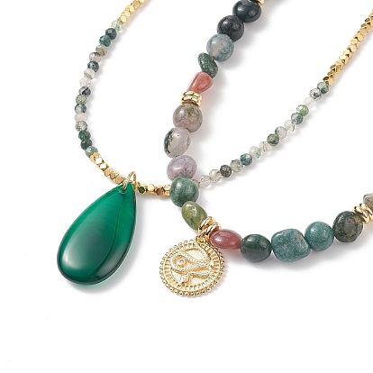 Juegos de collares de ágata de musgo natural para mujer, Incluye dijes de serpiente de zirconia cúbica transparente con micro pavé de latón/colgantes en forma de lágrima, con cuentas de hematites sintético y 304 cierres de pinzas de langosta de acero inoxidable