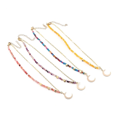Brass Pendant Necklaces, with Dyed Natural Agate Beads and 304 Stainless Steel Lobster Claw Clasps, Moon, Golden