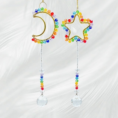 Wire Wrapped Glass Beads & Metal Moon/Star Hanging Ornaments, Round Tassel Suncatchers for Home Garden Outdoor Decoration