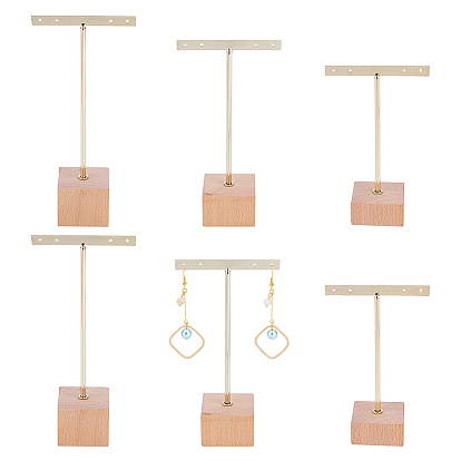 6Pcs 3 Sizes Iron T Bar Earring Display Stands, with Square and Rectangle Wooden Base, BurlyWood