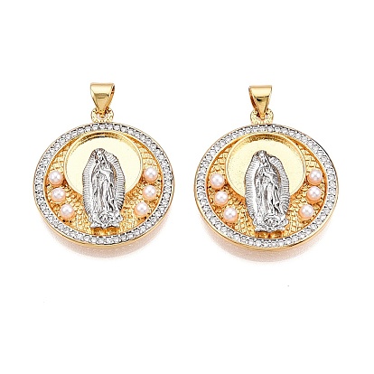 Латунные микро-паве кубические цирконии с подвесками из искусственного жемчуга ABS, без кадмия и без свинца, плоские круглые медальоны с гваделупской амулетой
