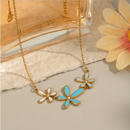 304 Женское ожерелье с тройным цветком из нержавеющей стали, эмалированное небесно-голубым цветом и хрустальными стразами, ионное покрытие (ip), без кадмия, без никеля и без свинца