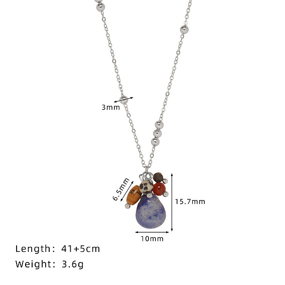 Подвеска в форме капли из натурального голубого авантюрина (окрашенного и подвергнутого термической обработке) 304 Цепочка из нержавеющей стали, с бусинами из натурального халцедона, древесного агата, далматинской яшмы и обсидиана.