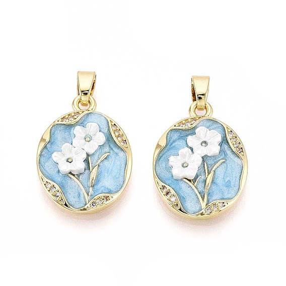 Латунные микро проложить кубического циркония подвески, со смолой и эмалью, овальный и цветок, реальный 18 k позолоченный