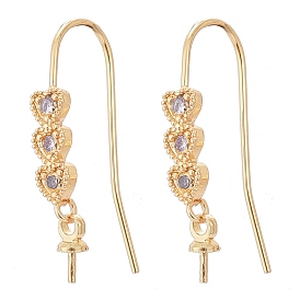 Brass Micro Pave Cubic Zirconia Earring Hooks, for Half Drilled Beads, Long-Lasting Plated, Heart to Heart Shape, Clear