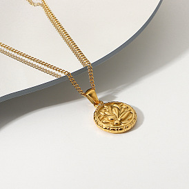 18K Gold Plated Stainless Steel Flower Coin Pendant Necklace - Fashionable European and American Jewelry for Women