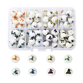 80pcs 8 couleurs perles de verre opaques de noël, rond avec motif de chapeau de noël galvanoplastie