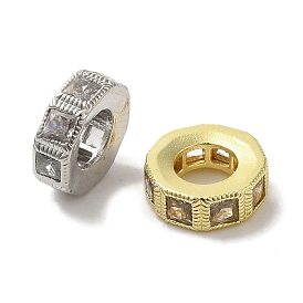 Octagon Brass Micro Pave Cubic Zirconia European Beads, Large Hole Beads, Long-Lasting Plated, Cadmium Free & Lead Free