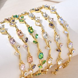 Brass Glass Flower Link Chain Bracelets, Rack Plating, Long-Lasting Plated, Lead Free & Cadmium Free, Real 18K Gold Plated