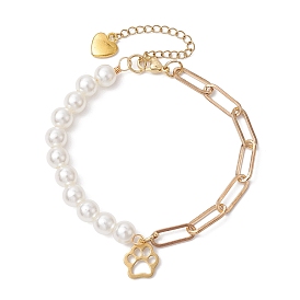 Imitation Pearl Acrylic & Iron Paperclip Chain Bracelets, Paw Print Charm Bracelets for Women